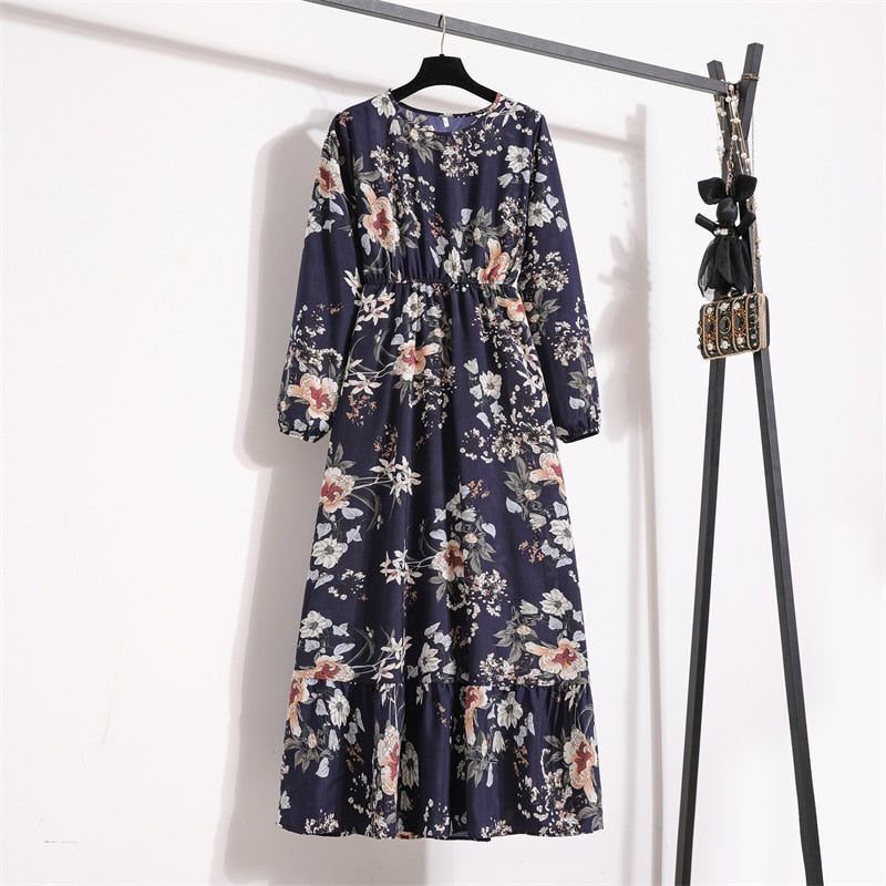 Women Maxi Dresses Casual Full Sleeve Floral Printed O-neck Woman Bohe  Long Dress