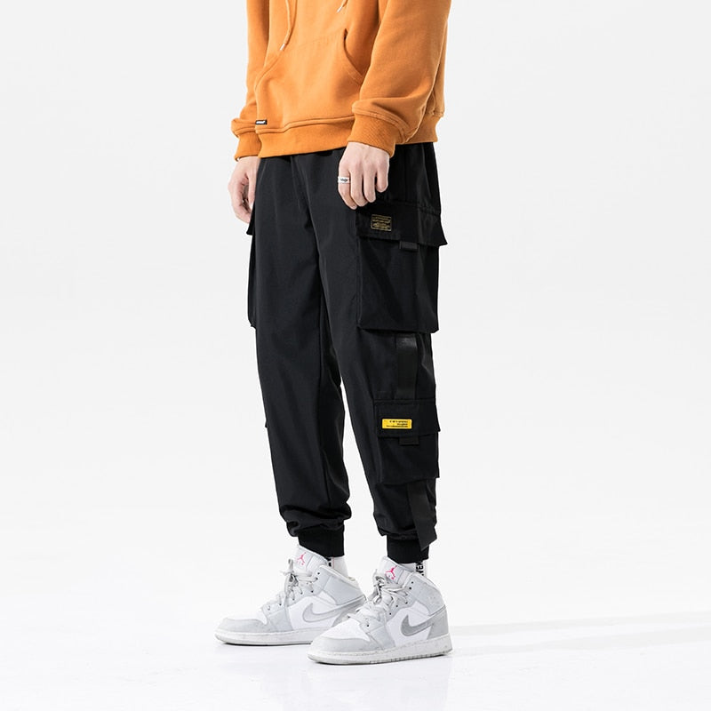 Streetwear Harem Casual Men's Pants  Ribbon Cargo Pants Solid Color Ankle-length Joggers for Men