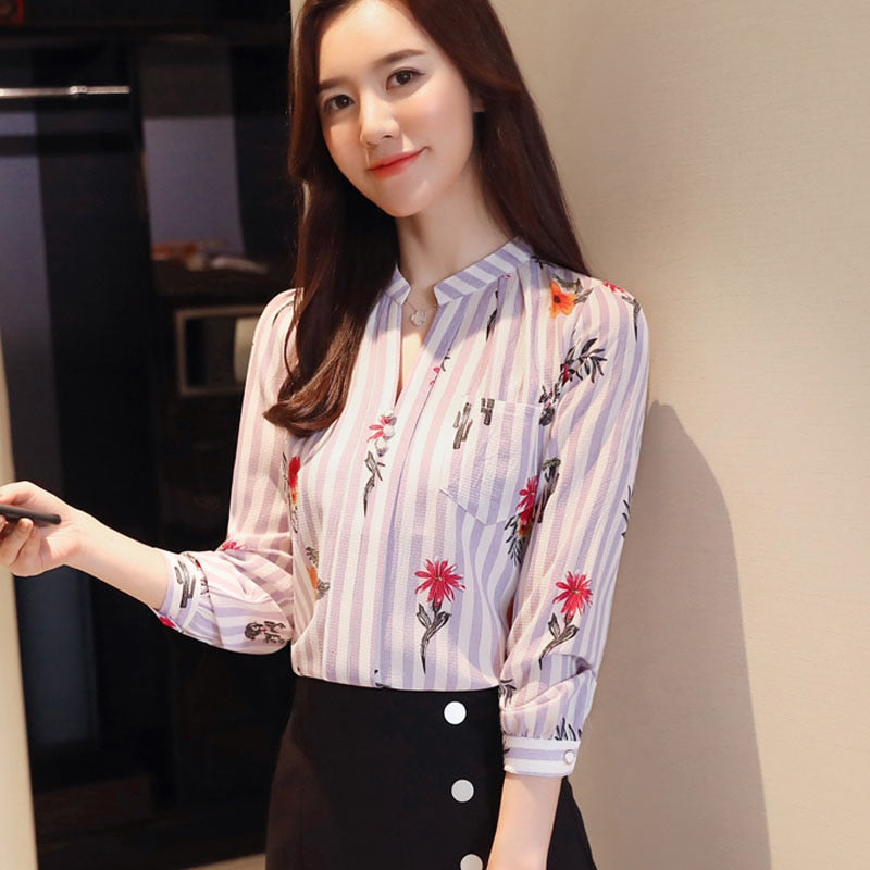 Long Sleeve Chiffon Blouse Print Floral Fashion Shirts for Women