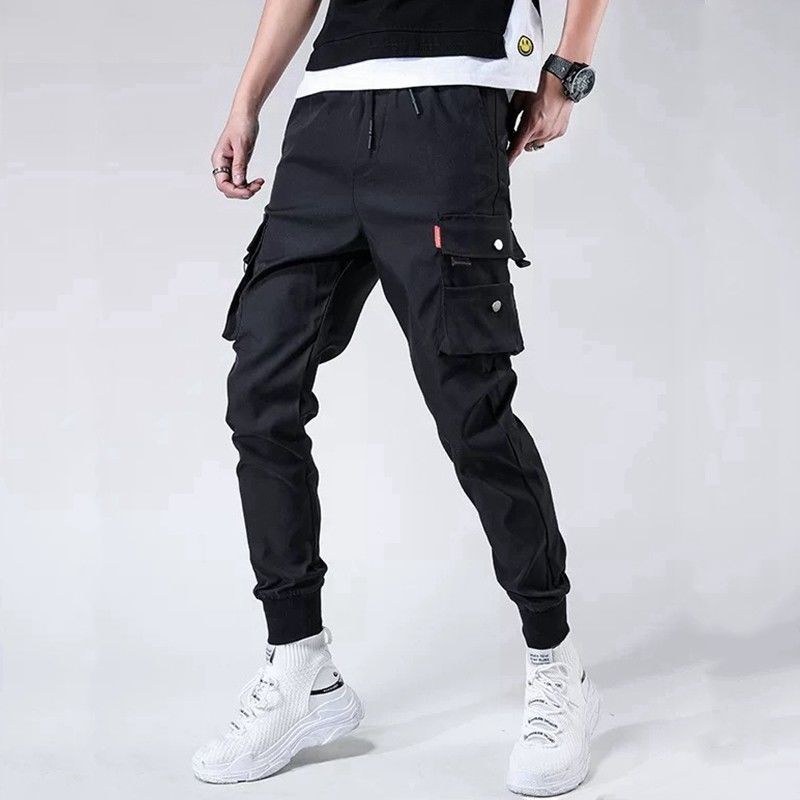 Men's Joggers Cargo Pants Casual Hip Hop Hit Color Pocket Trousers Ribbons Techwear