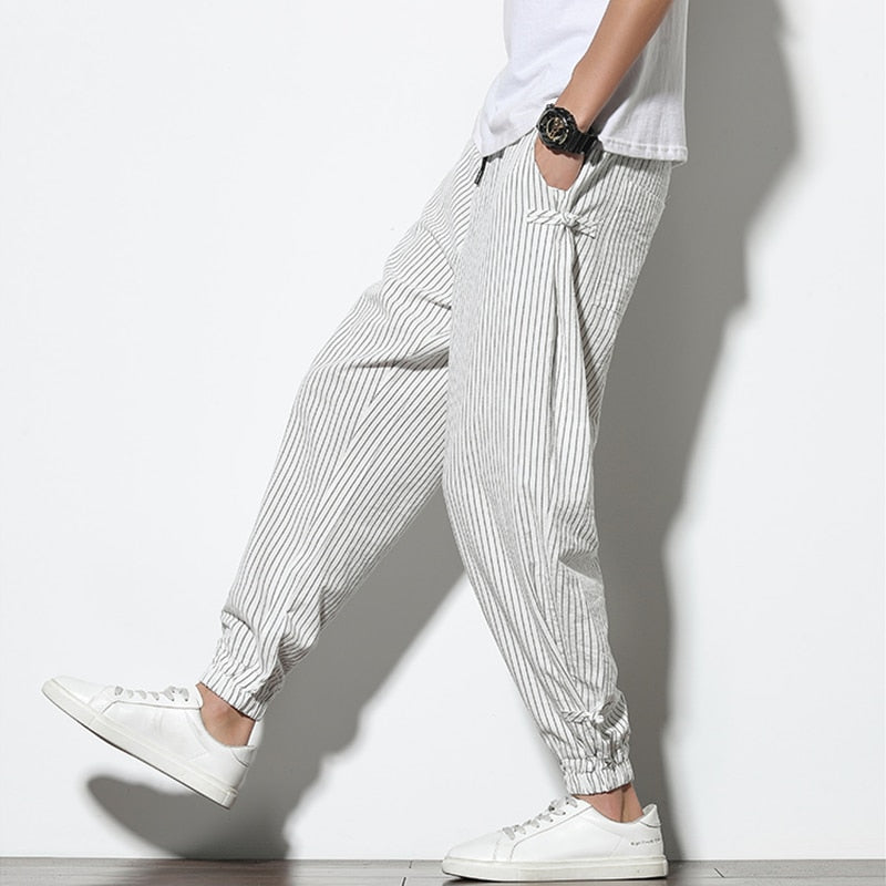 Men's Disc Buckle Striped Harem Breathable Cotton Pencil Pants