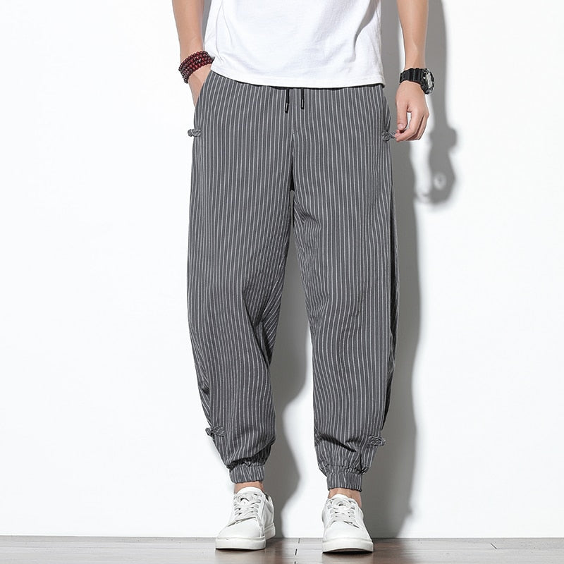 Men's Disc Buckle Striped Harem Breathable Cotton Pencil Pants