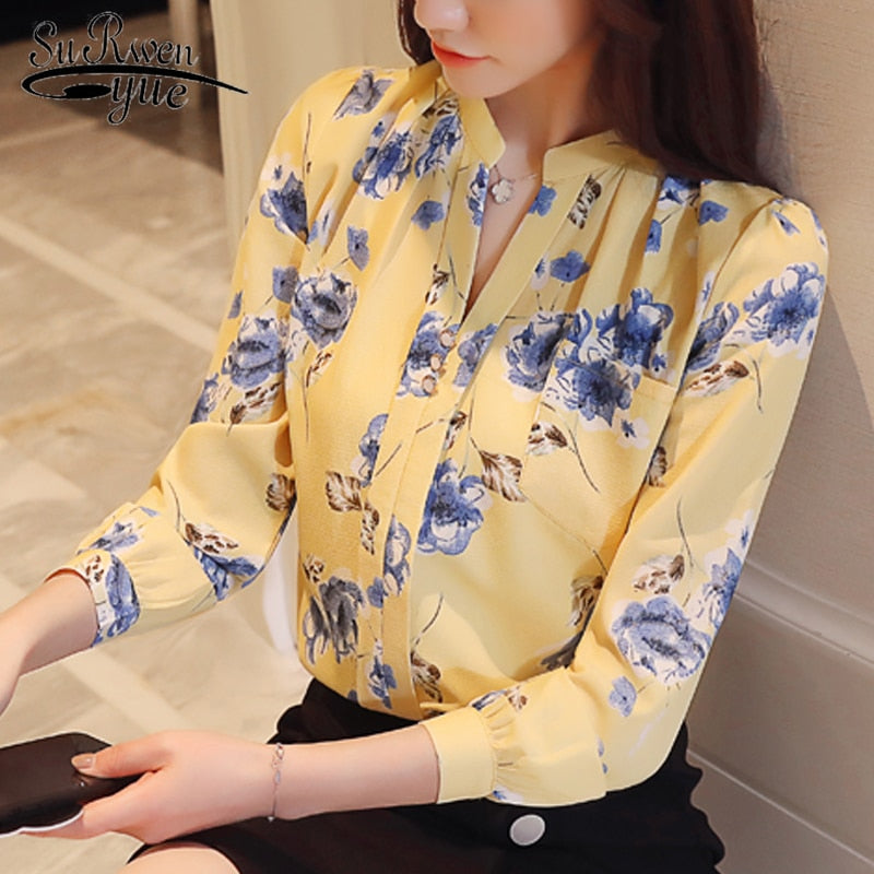 Long Sleeve Chiffon Blouse Print Floral Fashion Shirts for Women