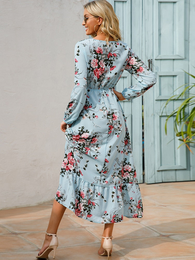 Women Maxi Dresses Casual Full Sleeve Floral Printed O-neck Woman Bohe  Long Dress