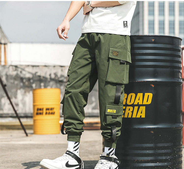 Hip Hop Harem Joggers, Solid Multi-pocket Cargo Sweatpants for Men