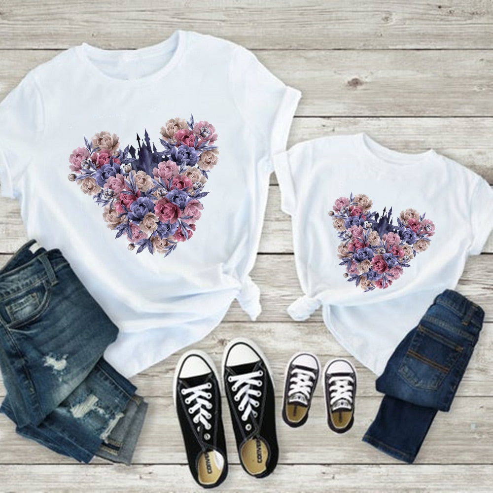 Mother Kids Fashion Disney Clothes Mickey Flowers Family Matching T-shirts