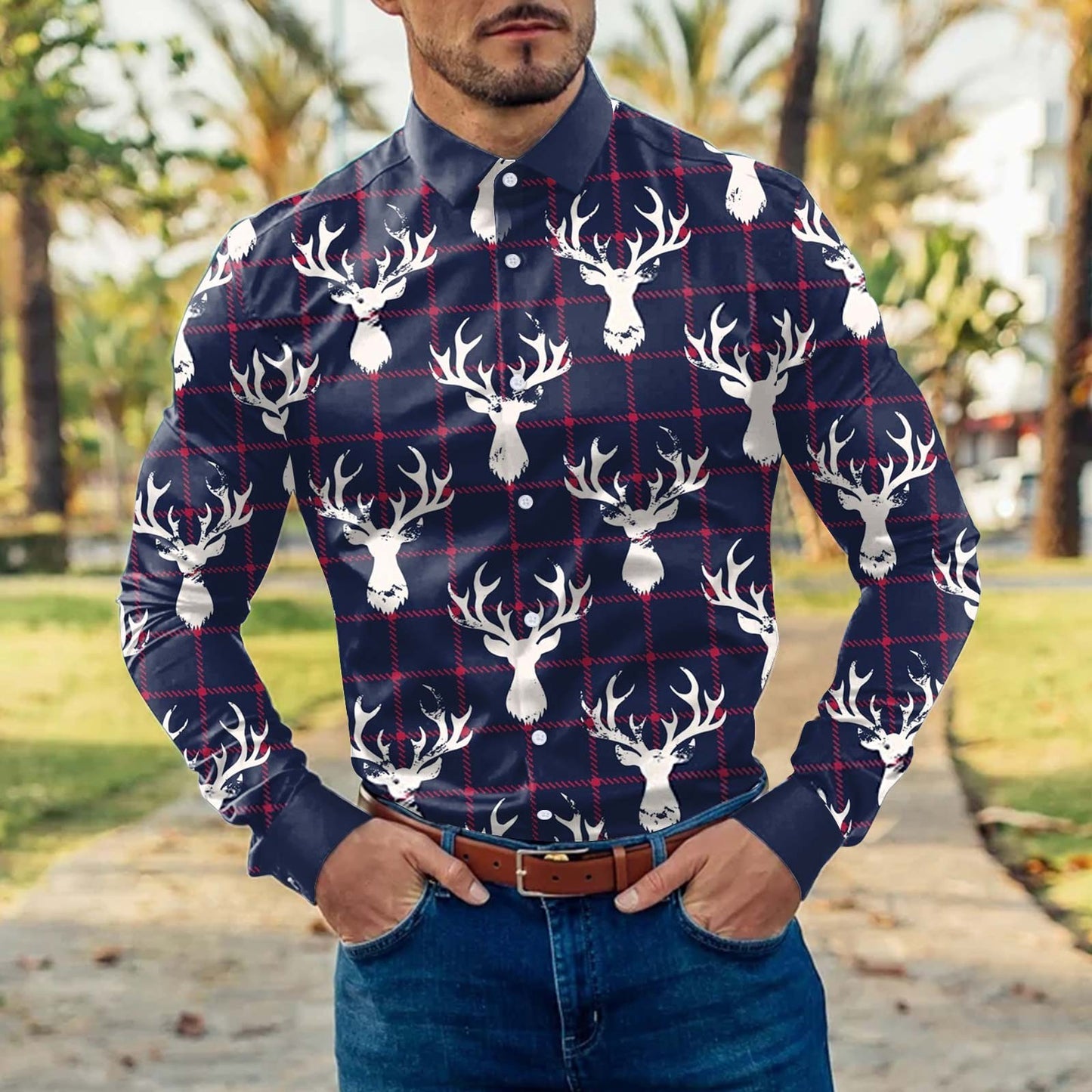 Men's Christmas Shirt Reindeer Dress Long-sleeved Business Casual Plus Size Shirt