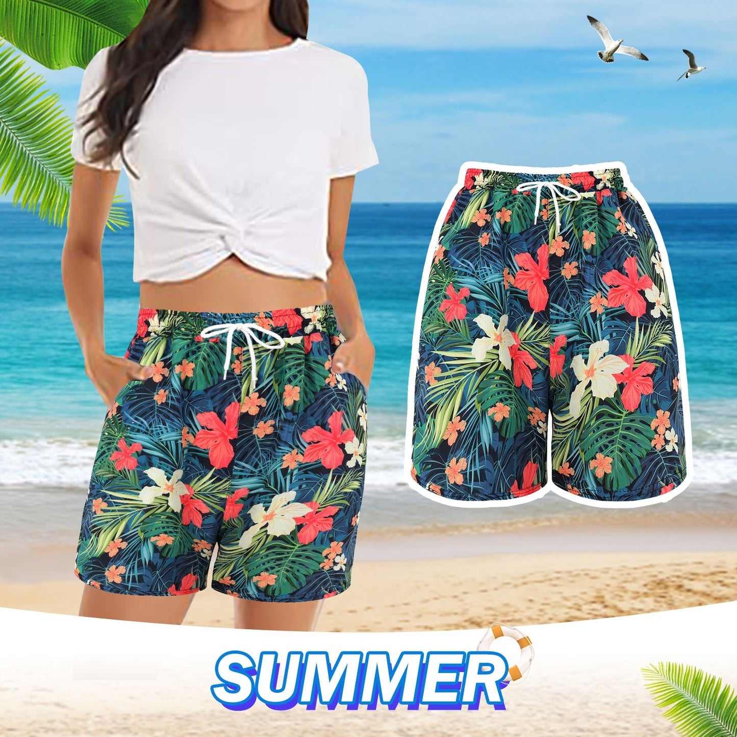 Women's Short Tropical Floral Printed Fresh Trendy Summer Leisure  High Waist Wide Leg Beach Wear for Girls.