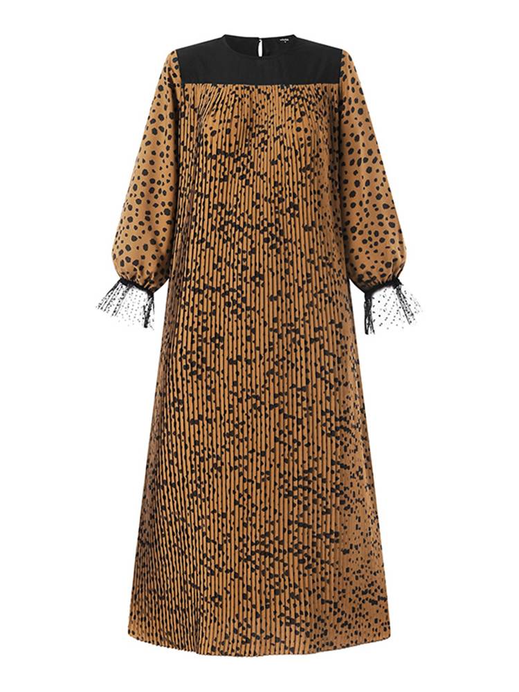 Plus Size Summer Women Dress  Mesh Patchwork Bohemian Leopard Printed  Long Sleeve Maxi dress