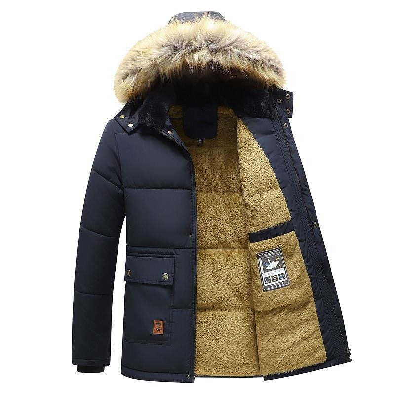 New Men Winter Fleece Lined Thick Warm Hooded Fur Collar Coat for Male