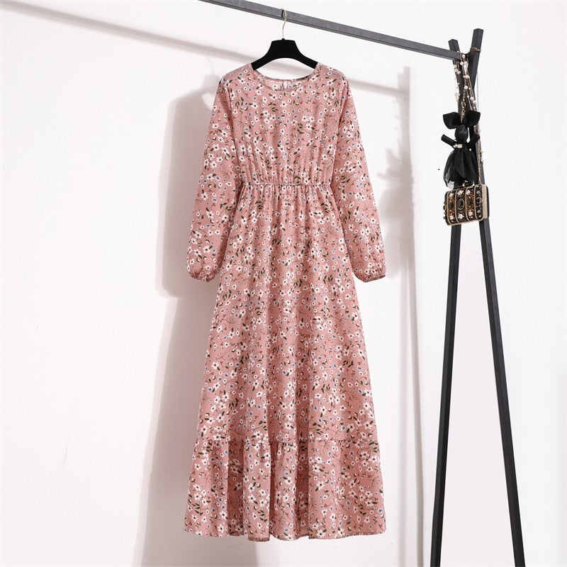 Women Maxi Dresses Casual Full Sleeve Floral Printed O-neck Woman Bohe  Long Dress