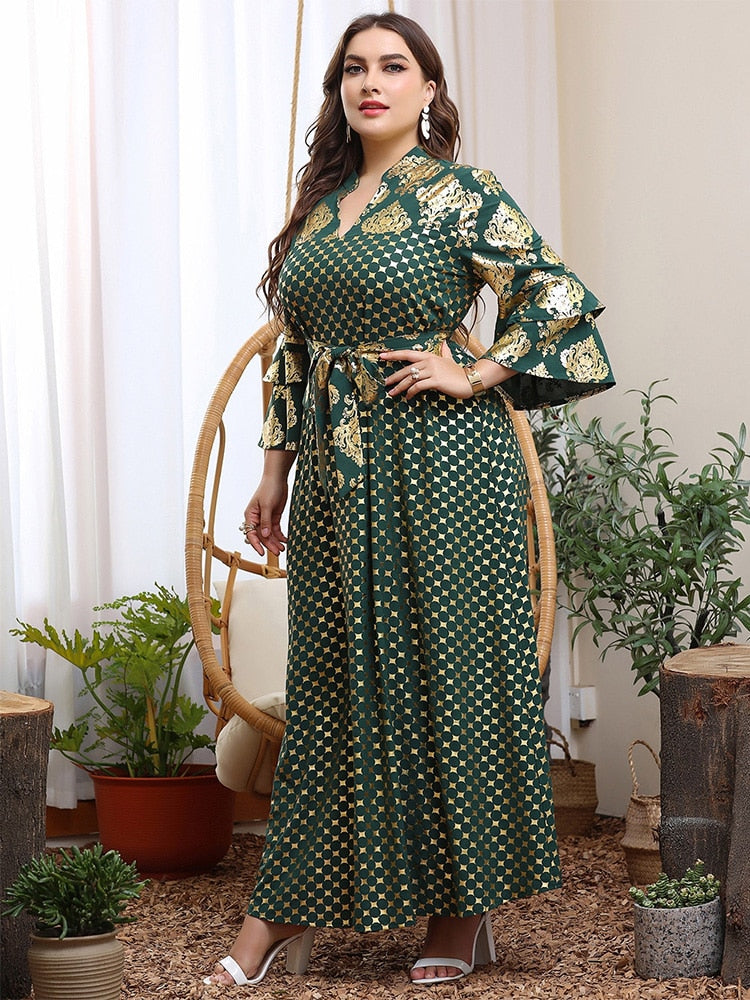 Women Plus Size Elegant Dresses Long Sleeve Big Large Loose Luxury Green Printing Dress