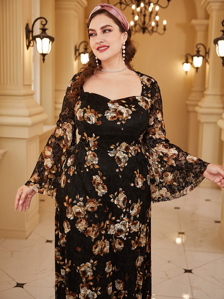 Plus Size Large Maxi Dresses Luxury Chic Elegant Long Sleeve Floral print for Women