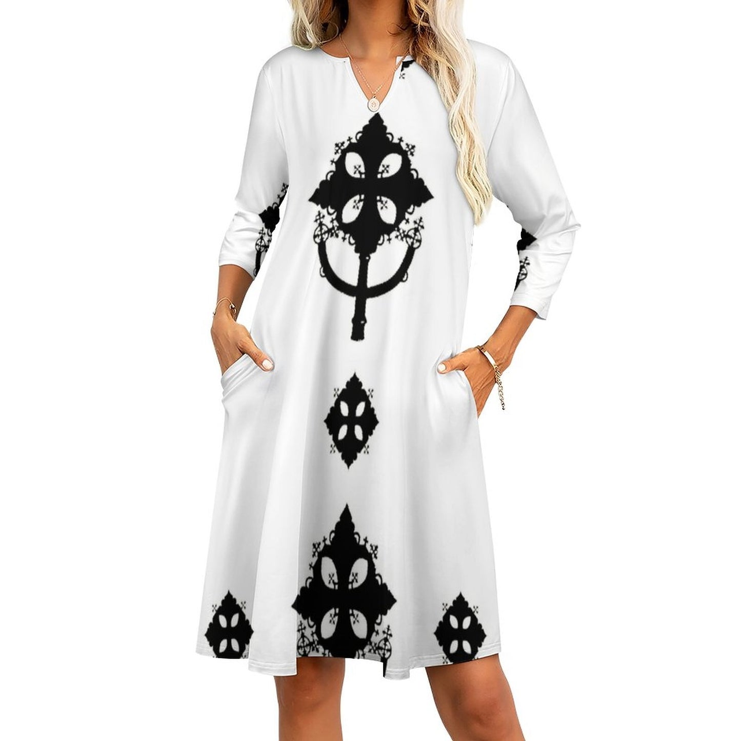 Ethiopian Cross Black Square Neck Loose Print Elegant Christian Dresses for women