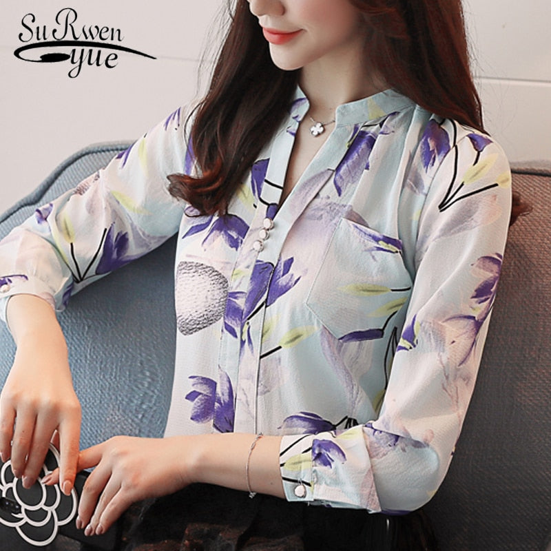 Long Sleeve Chiffon Blouse Print Floral Fashion Shirts for Women