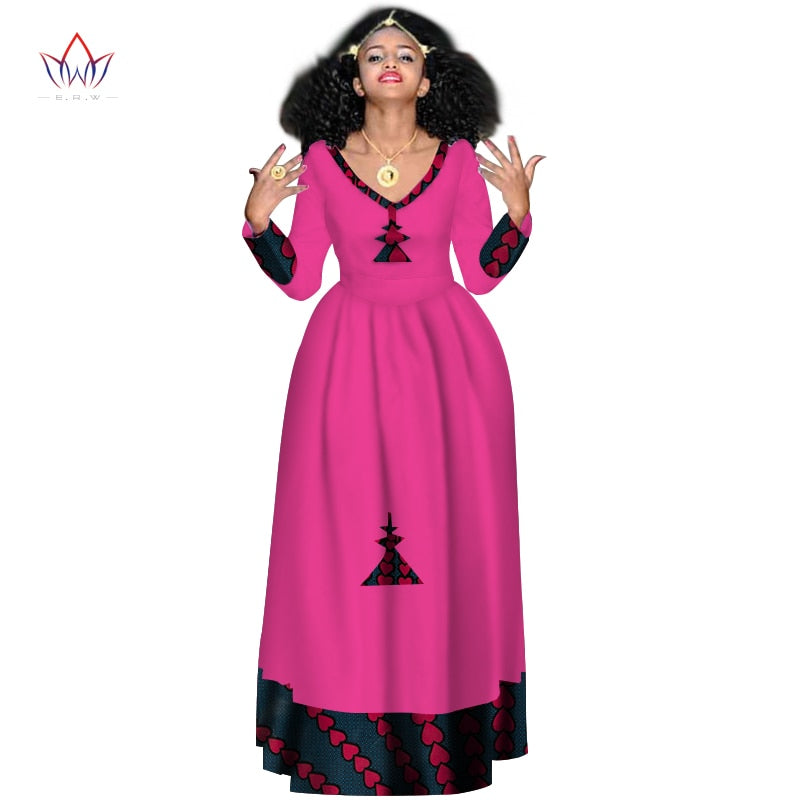 Women Elegant Dress Africa Style Full Sleeve Outfits  V-neck robe Ethiopia Long evening dress