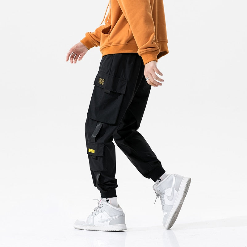 Streetwear Harem Casual Men's Pants  Ribbon Cargo Pants Solid Color Ankle-length Joggers for Men