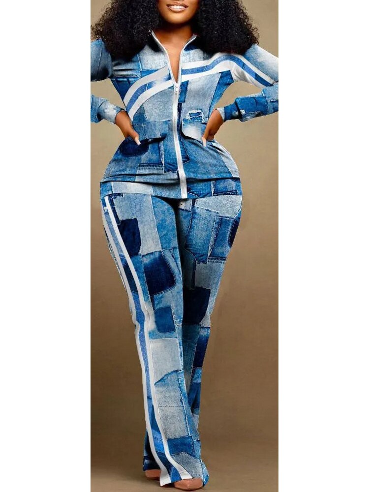 African Clothing Two Pieces Set Spring Autumn Long Sleeve Zipper Fashion Print Casual Top and Pants Suits for Women