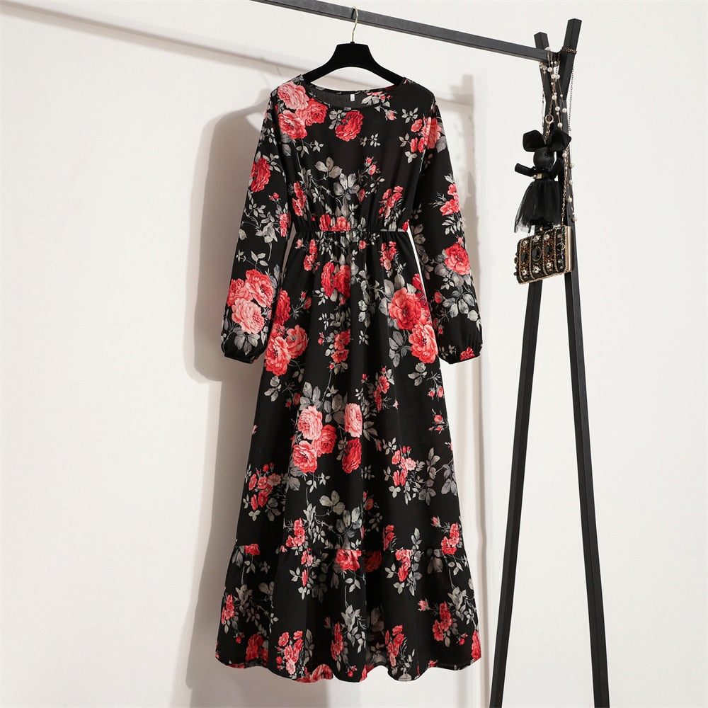 Women Maxi Dresses Casual Full Sleeve Floral Printed O-neck Woman Bohe  Long Dress