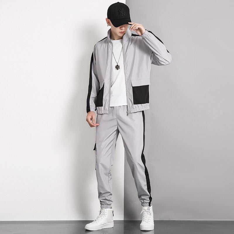 New 2023 Fashion Tracksuit Spring Autumn Reflective Sweatshirt +Sweatpants Tracksuit  for men