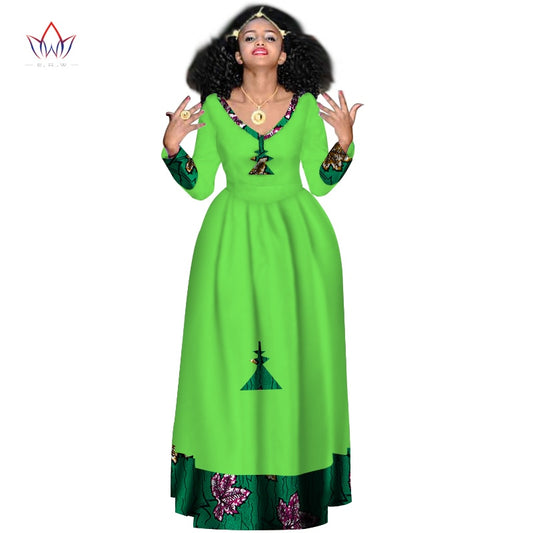 Women Elegant Dress Africa Style Full Sleeve Outfits  V-neck robe Ethiopia Long evening dress