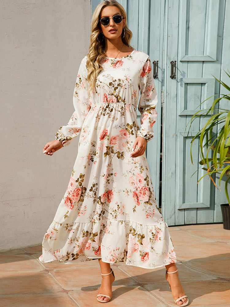 Women Maxi Dresses Casual Full Sleeve Floral Printed O-neck Woman Bohe  Long Dress