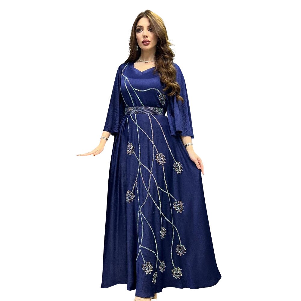 Luxurious Diamonds Women Dubai Abaya Flare Sleeves Leaf Pattern V- Neck  Muslim Fashion Robe Middle East Evening Dress