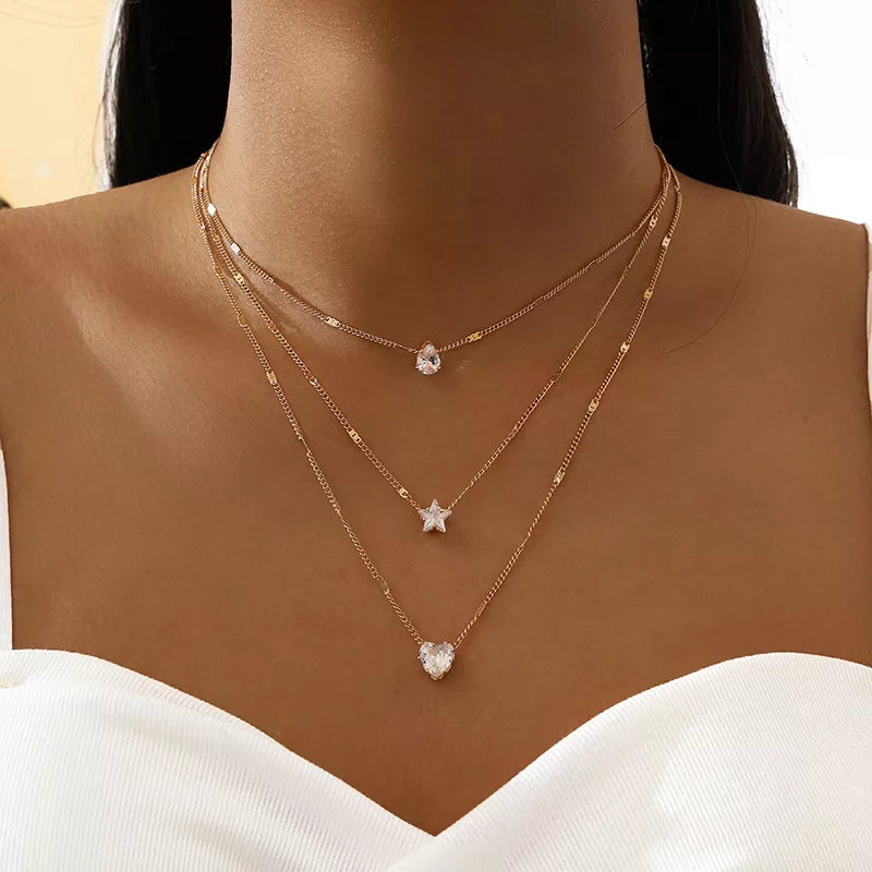 Crystal Zircon Heart Star Charm Layered Pendant Necklace Set for Women Jewellery