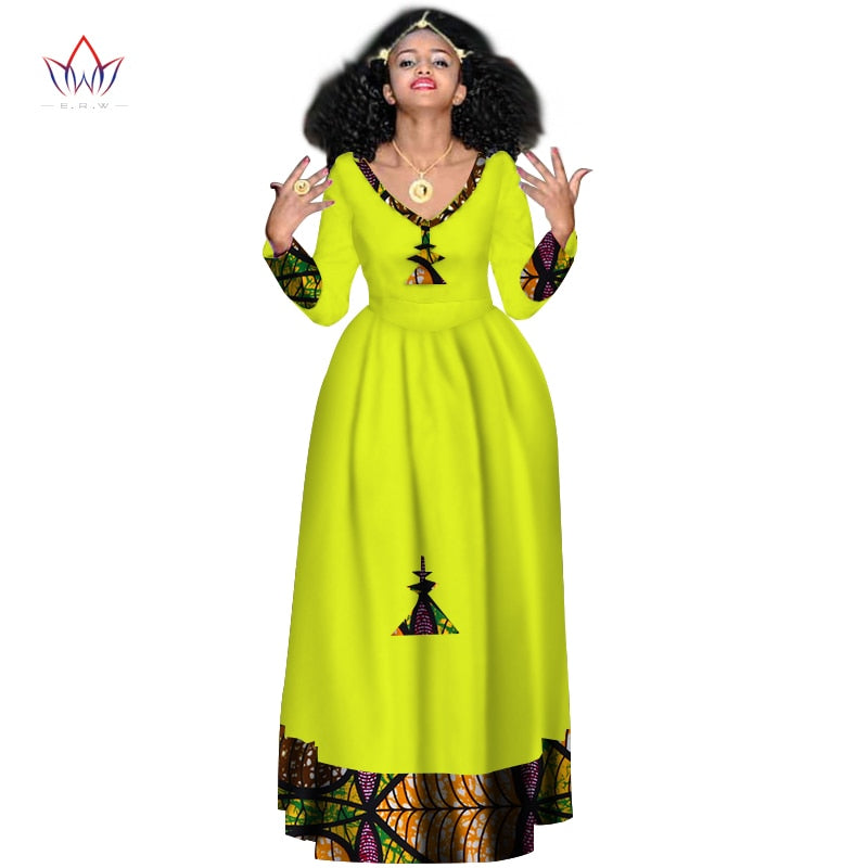 Women Elegant Dress Africa Style Full Sleeve Outfits  V-neck robe Ethiopia Long evening dress