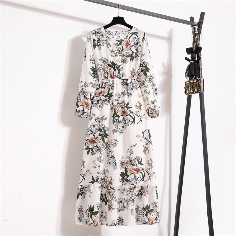 Women Maxi Dresses Casual Full Sleeve Floral Printed O-neck Woman Bohe  Long Dress