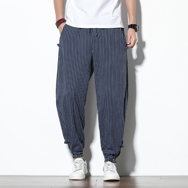 Men's Disc Buckle Striped Harem Breathable Cotton Pencil Pants