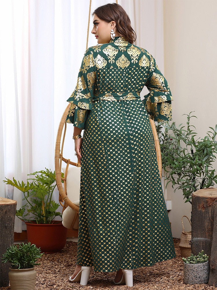 Women Plus Size Elegant Dresses Long Sleeve Big Large Loose Luxury Green Printing Dress