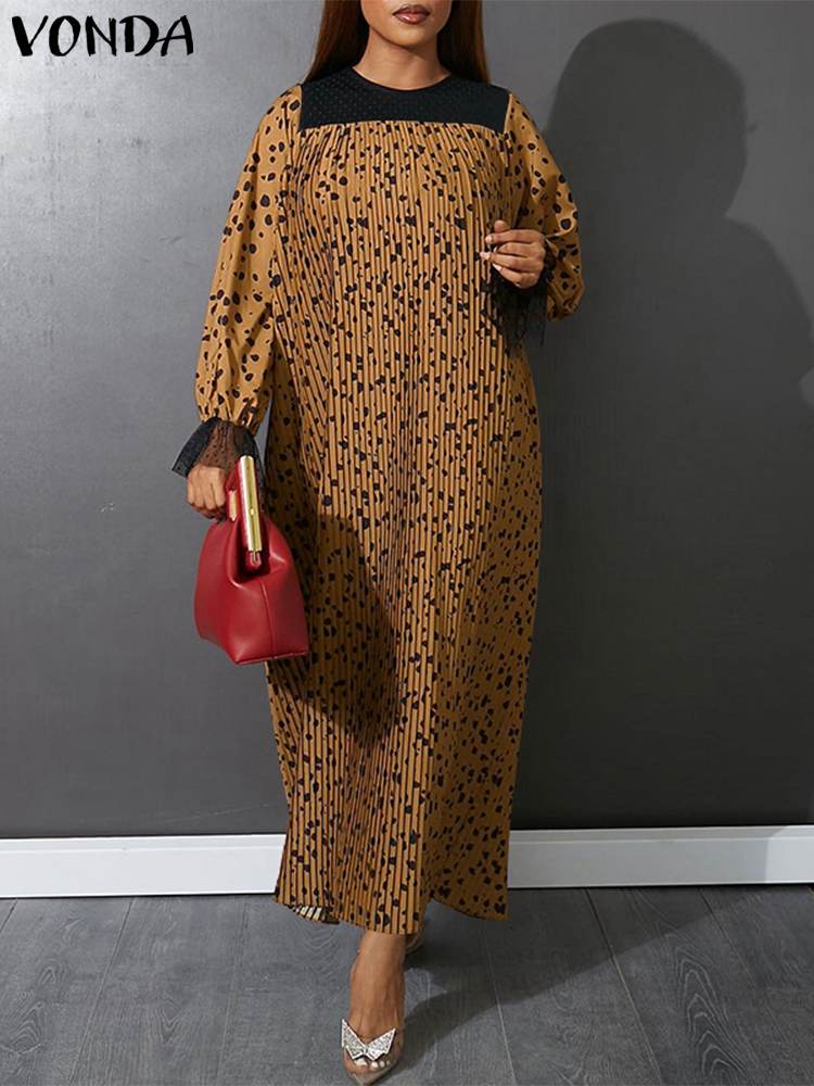 Plus Size Summer Women Dress  Mesh Patchwork Bohemian Leopard Printed  Long Sleeve Maxi dress