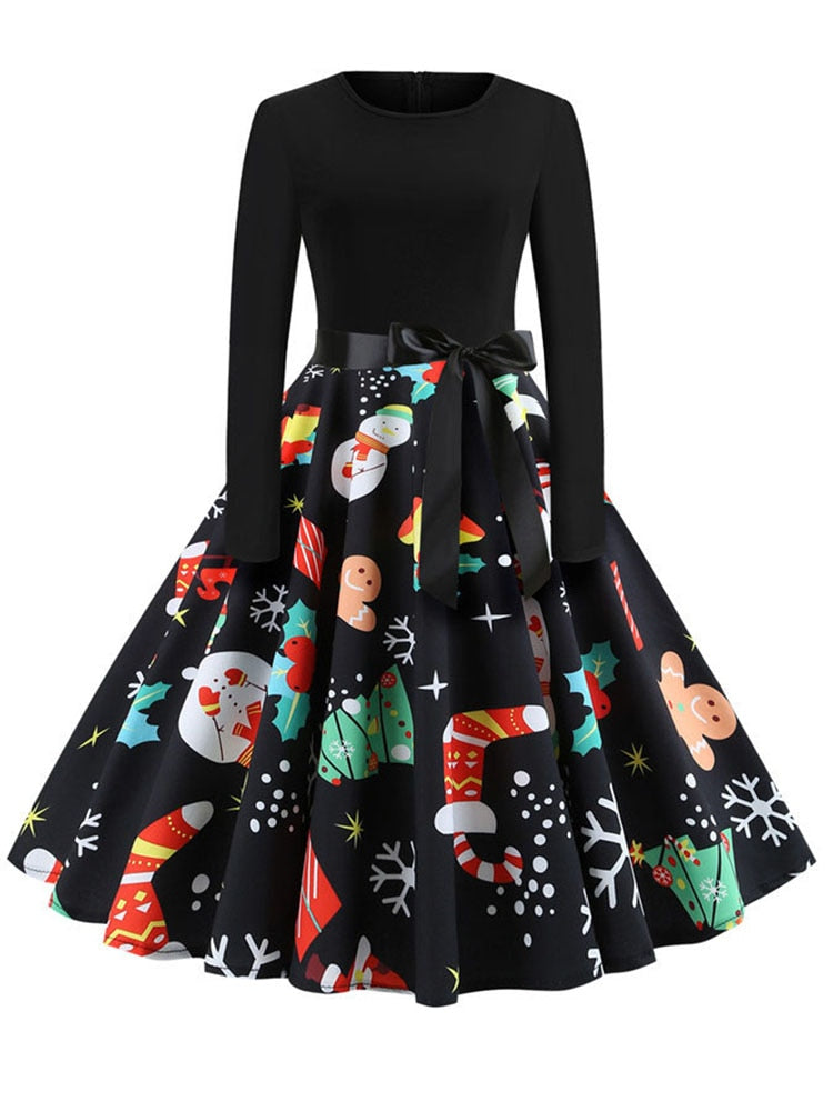 Elegant Christmas Dresses Vintage Robe Swing Long Sleeve Casual Print dress for womenk