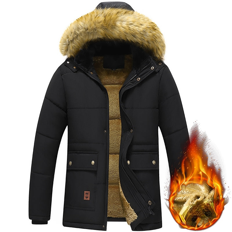 New Men Winter Fleece Lined Thick Warm Hooded Fur Collar Coat for Male