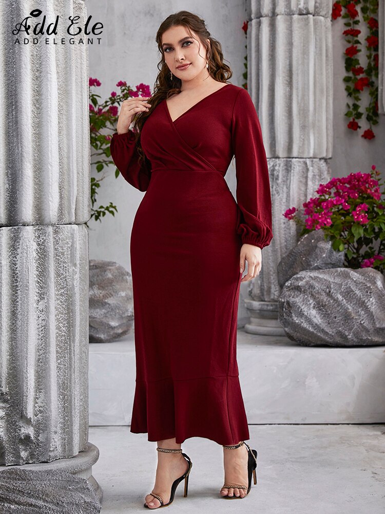 Elegant Plus Size Pencil Bodycon  V-Neck High Waist Long Lantern Sleeve dress for women