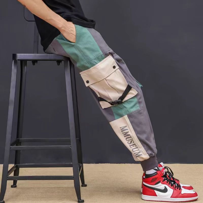 Men's Joggers Cargo Pants Casual Hip Hop Hit Color Pocket Trousers Ribbons Techwear