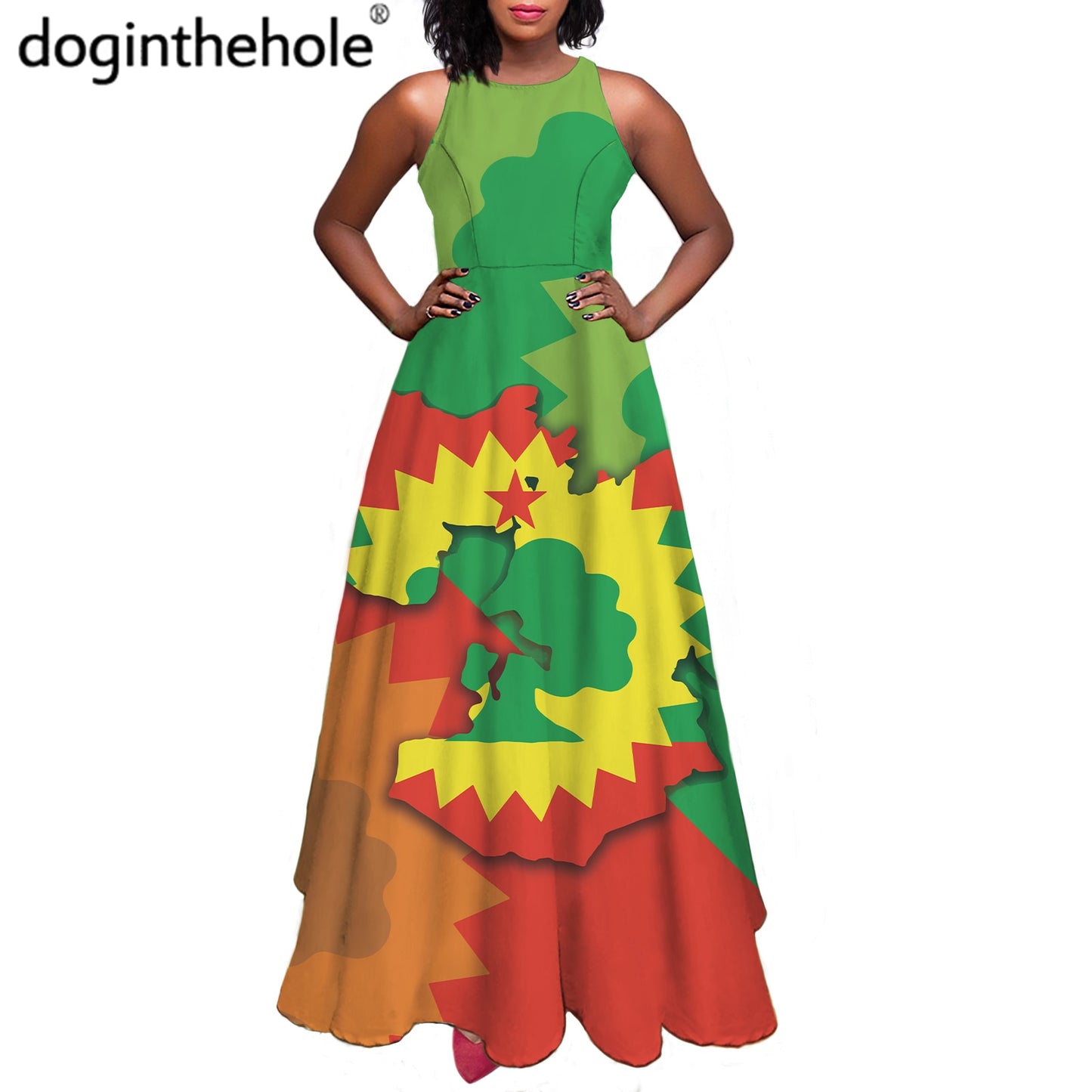 Oromo Flag Printed Long Sleeveless O-neck Party Dresses for Women