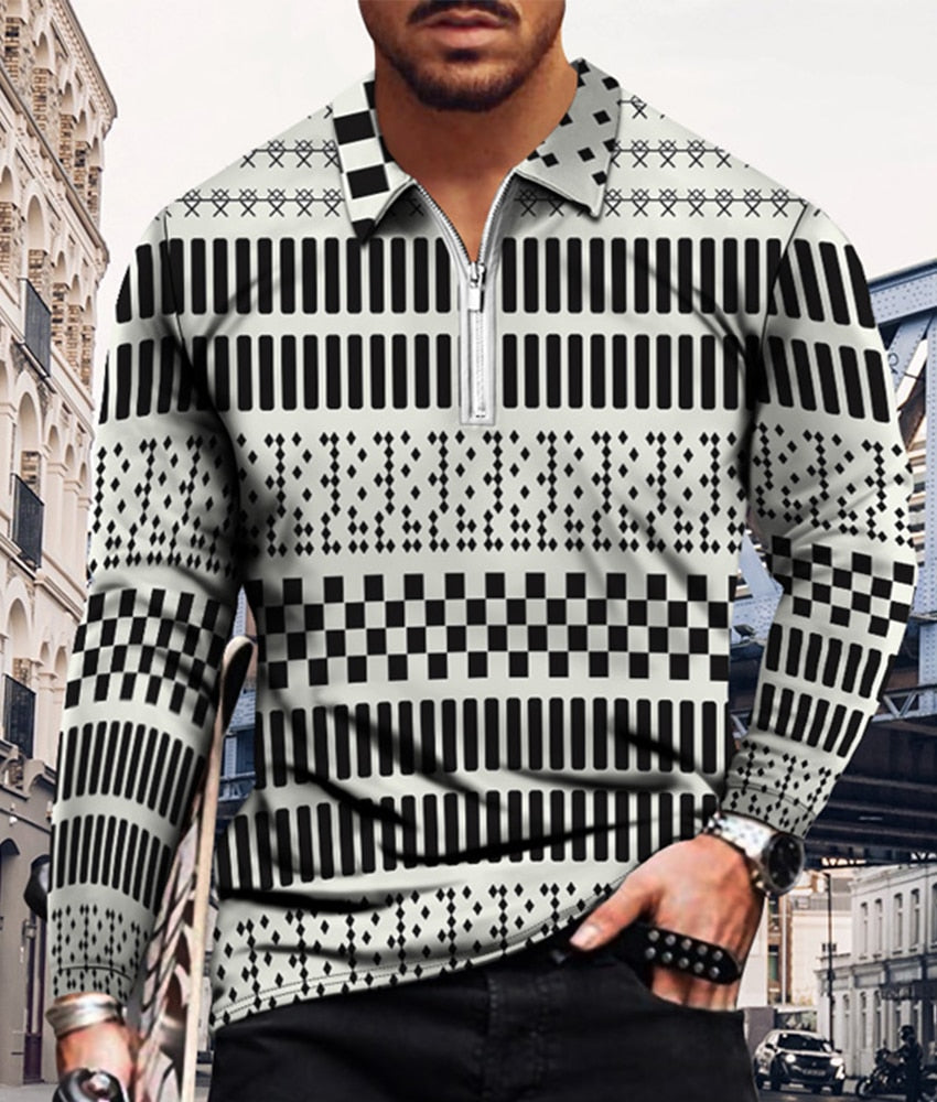 Men's Casual Long Sleeve Polo Shirts T-Shirt Men Tops Street Golf Clothing Geometric Print