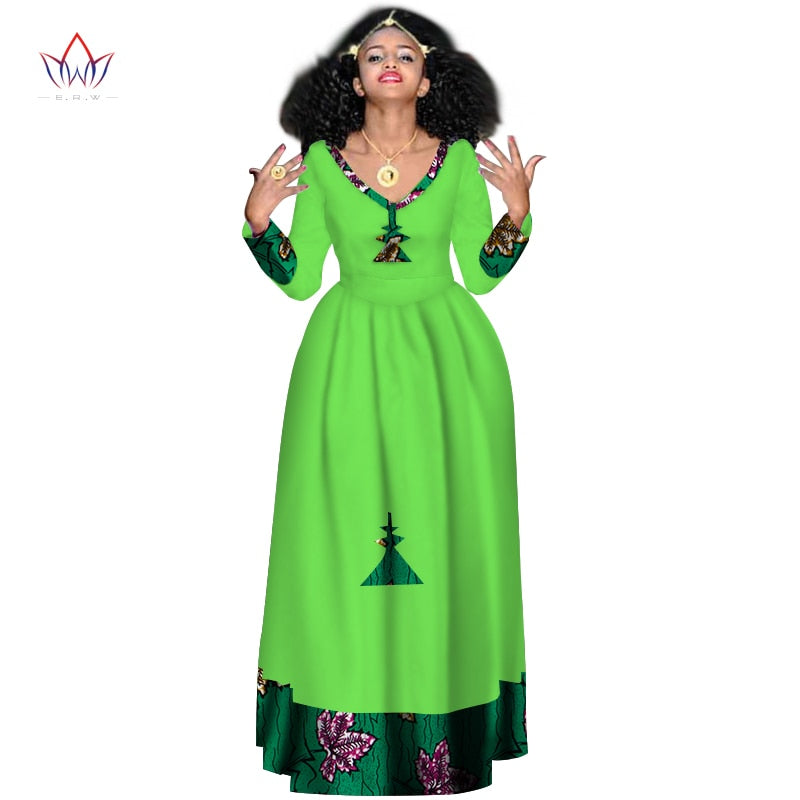 Women Elegant Dress Africa Style Full Sleeve Outfits  V-neck robe Ethiopia Long evening dress