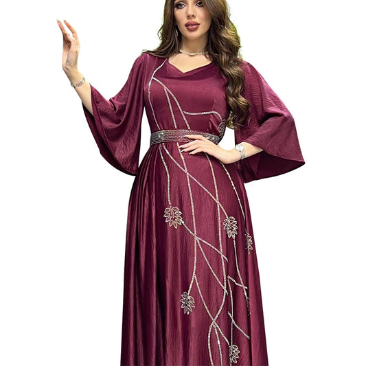 Luxurious Diamonds Women Dubai Abaya Flare Sleeves Leaf Pattern V- Neck  Muslim Fashion Robe Middle East Evening Dress