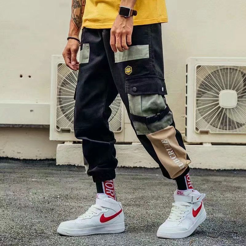 Men's Joggers Cargo Pants Casual Hip Hop Hit Color Pocket Trousers Ribbons Techwear