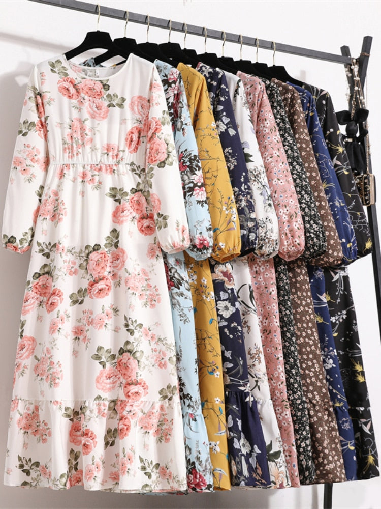 Women Maxi Dresses Casual Full Sleeve Floral Printed O-neck Woman Bohe  Long Dress