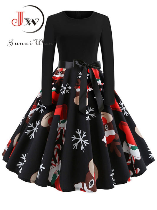 Elegant Christmas Dresses Vintage Robe Swing Long Sleeve Casual Print dress for womenk