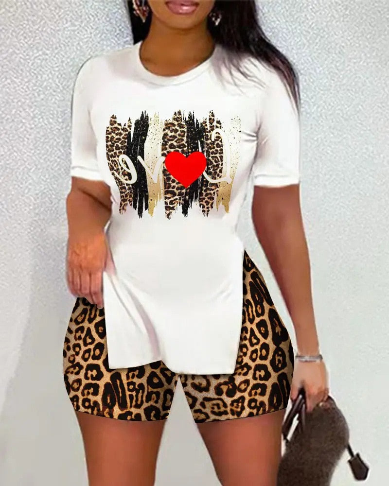 Summer Spring Fashion Casual 2pcs T-shirt and short Set  High Waist Short Sleeve clothes for Women