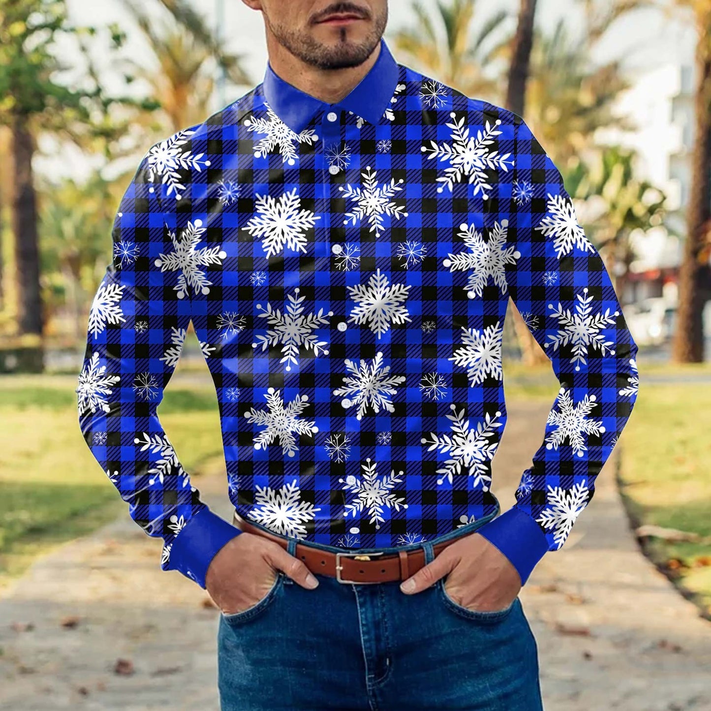 Men's Christmas Shirt Reindeer Dress Long-sleeved Business Casual Plus Size Shirt