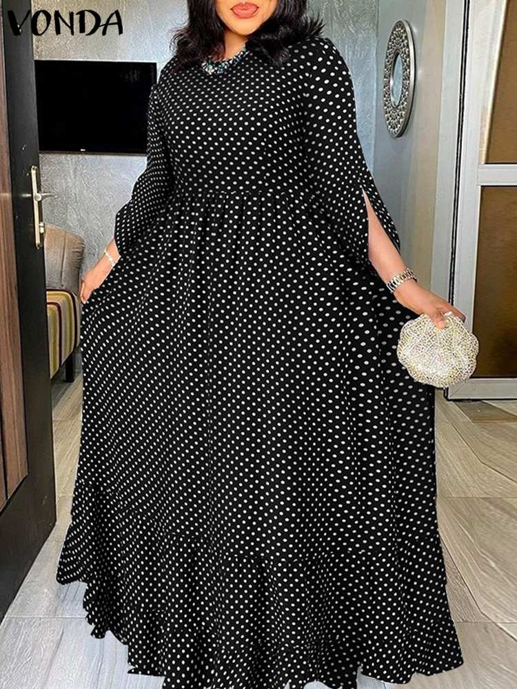 Bohemian Ruffled Maxi Dress Women Elegant  O- Neck Polka Dot 3/4 Sleeve Casual dress