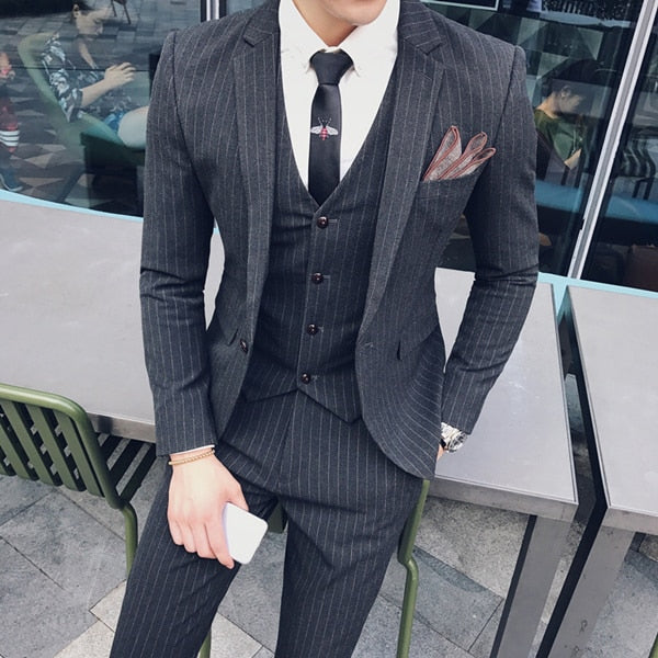 Three pieces set ( Blazer + Vest + Pants ) Elegant Suit  Dark Plaid Classic Retro Men's Formal Business Wedding Dress