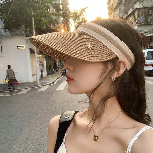 Empty Top Straw Hat Travel Sunshade Sun Hat  Trendy Superlite Beach Foldable Roll Up Cruise Wear large Visor Cap For Women