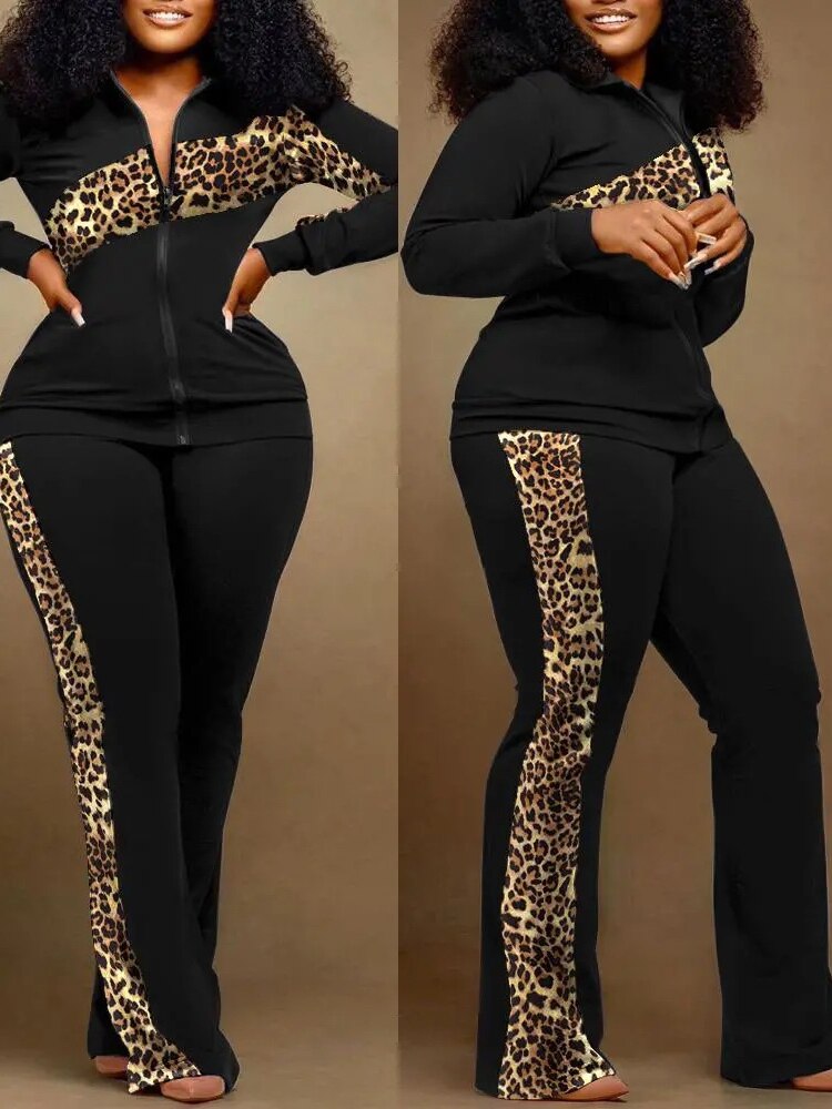 African Clothing Two Pieces Set Spring Autumn Long Sleeve Zipper Fashion Print Casual Top and Pants Suits for Women